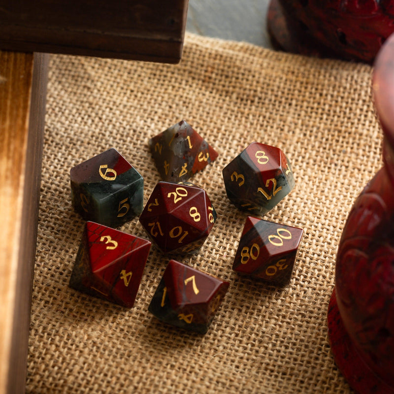 African Bloodstone Hand Carved Gemstone DND Dice Set