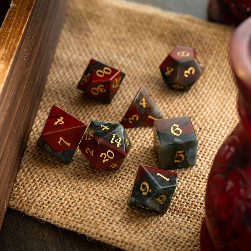 African Bloodstone Hand Carved Gemstone DND Dice Set