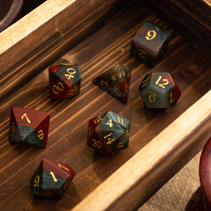 African Bloodstone Hand Carved Gemstone DND Dice Set