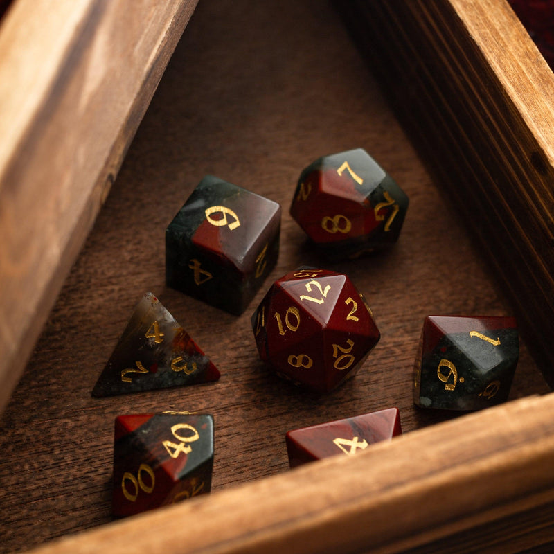 African Bloodstone Hand Carved Gemstone DND Dice Set