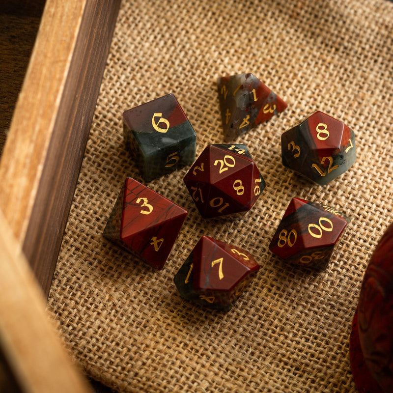 African Bloodstone Hand Carved Gemstone DND Dice Set