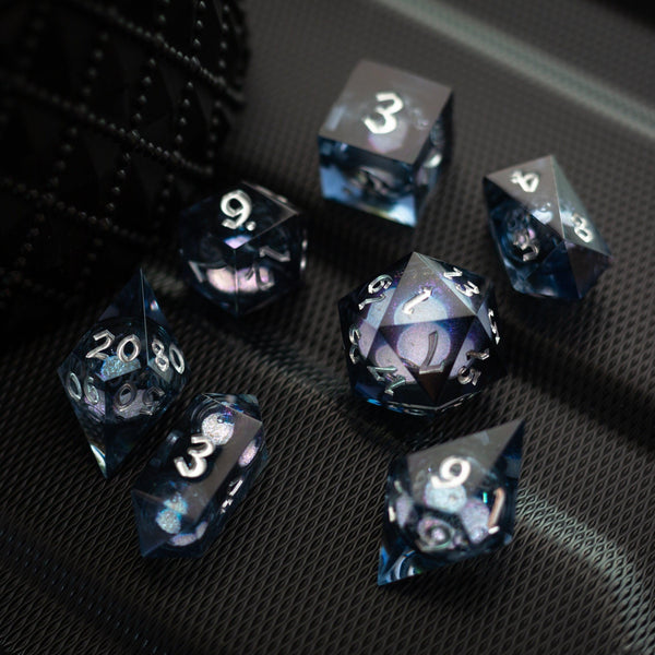 Black And Silver Glitter Liquid Core Handmade Resin DND Dice Set