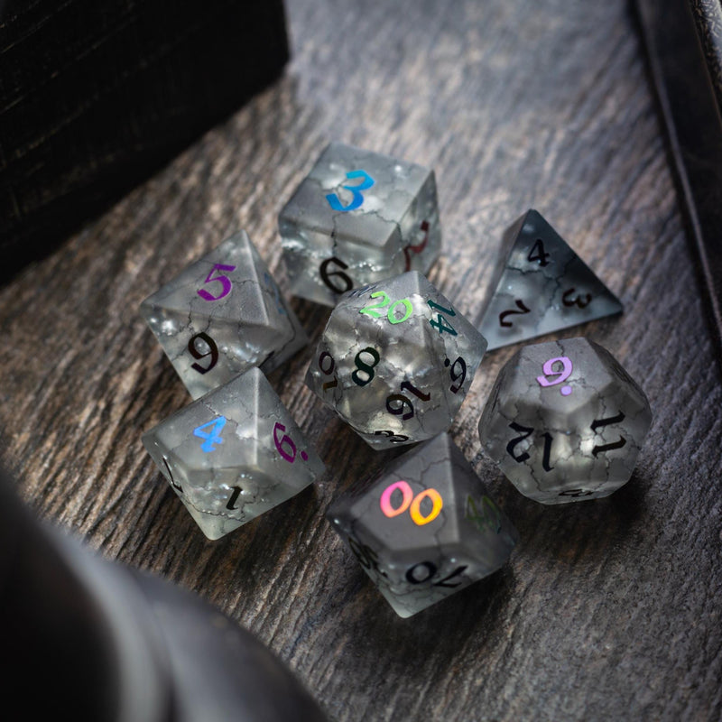 Black Inked Lightning Cracked Glass DND Dice Set