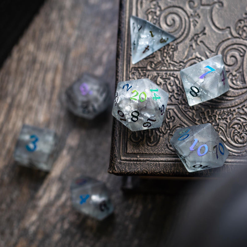 Black Inked Lightning Cracked Glass DND Dice Set