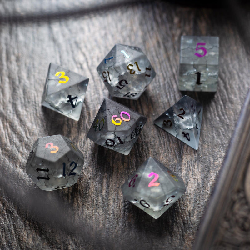 Black Inked Lightning Cracked Glass DND Dice Set