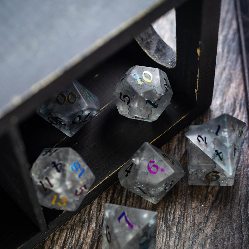 Black Inked Lightning Cracked Glass DND Dice Set