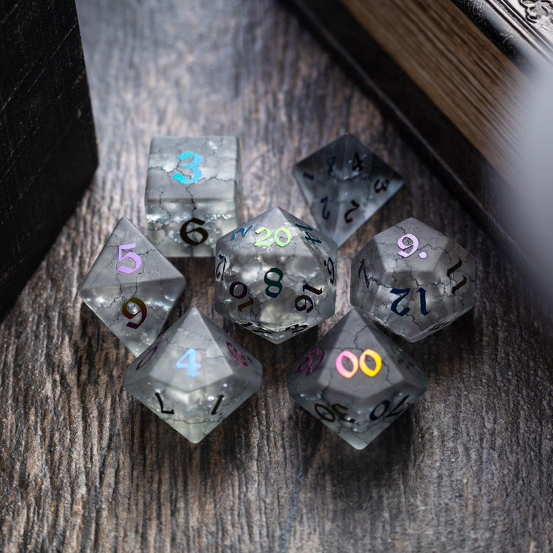 Black Inked Lightning Cracked Glass DND Dice Set