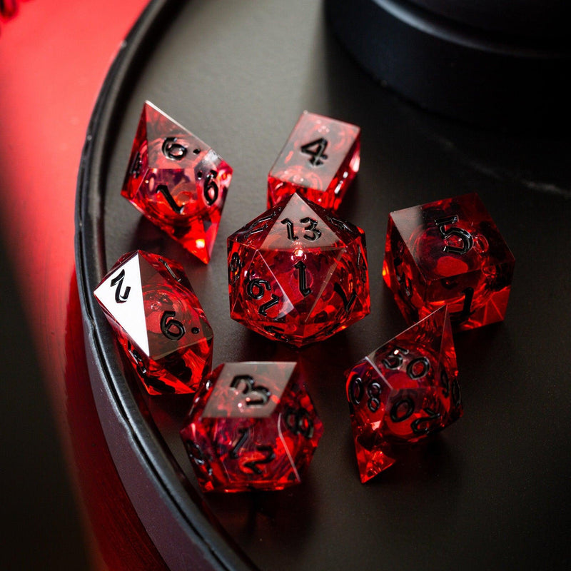 Blood Red Glitter Liquid Core Handmade Resin DND Dice Set