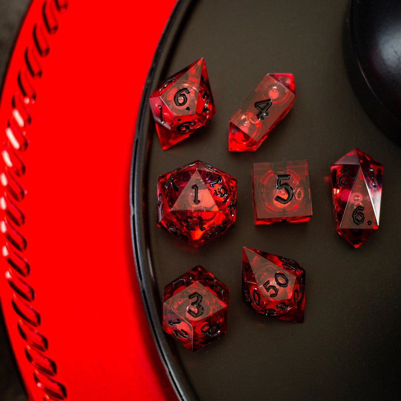 Blood Red Glitter Liquid Core Handmade Resin DND Dice Set