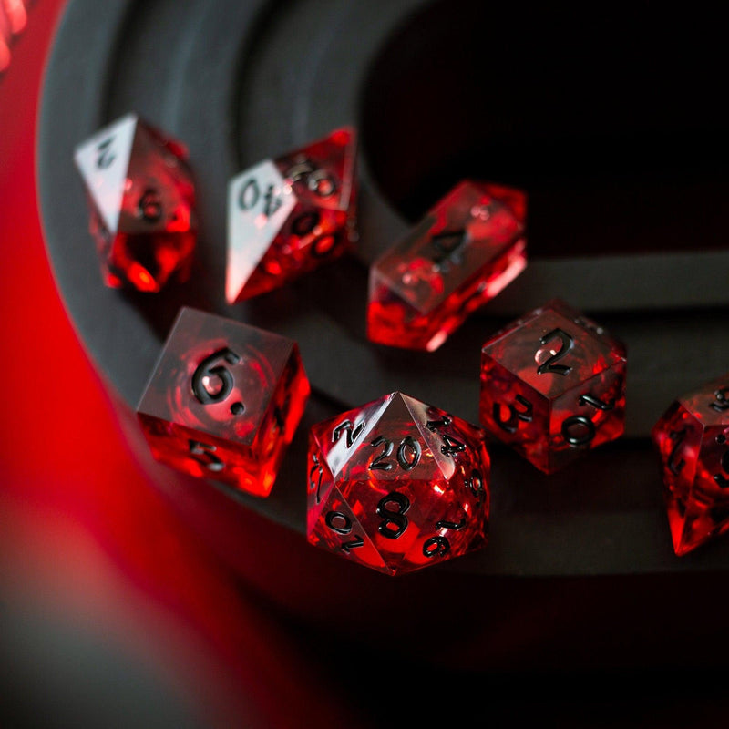 Blood Red Glitter Liquid Core Handmade Resin DND Dice Set