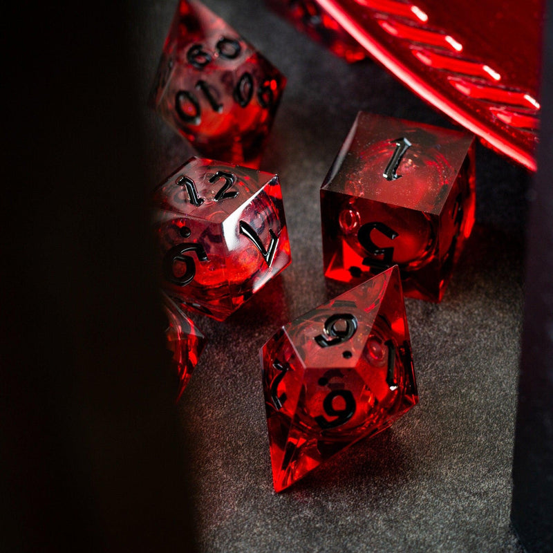 Blood Red Glitter Liquid Core Handmade Resin DND Dice Set