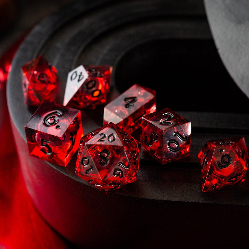 Blood Red Glitter Liquid Core Handmade Resin DND Dice Set