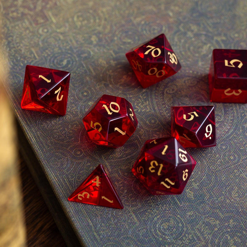 Blood Red Hand Carved Zircon Glass DND Dice Set