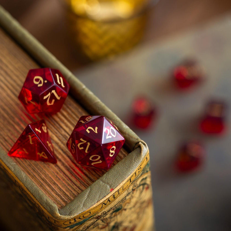 Blood Red Hand Carved Zircon Glass DND Dice Set