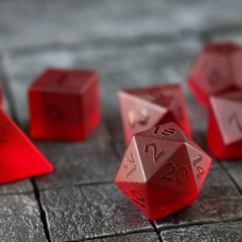 Blood Red Raised Zircon Glass Hand Carved DND Dice Set