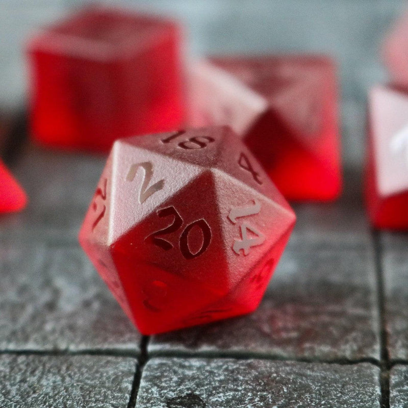 Blood Red Raised Zircon Glass Hand Carved DND Dice Set