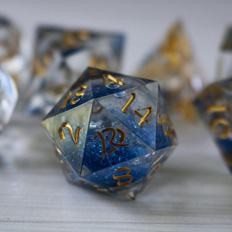 Blue Glitter Liquid Core Handmade Sharp Edge Resin DND Dice Set