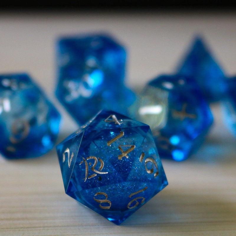 Blue Glitter Liquid Core Sharp Edge Handmade Resin DND Dice Set