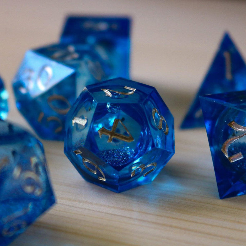 Blue Glitter Liquid Core Sharp Edge Handmade Resin DND Dice Set