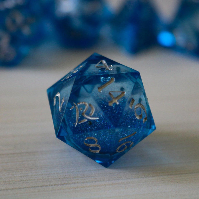 Blue Glitter Liquid Core Sharp Edge Handmade Resin DND Dice Set