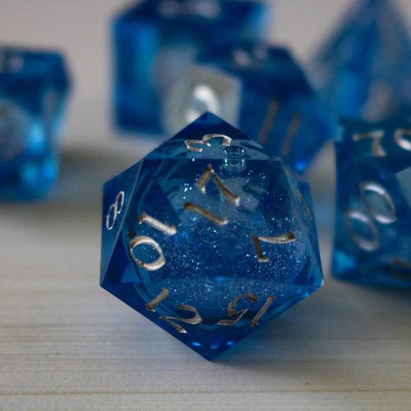 Blue Glitter Liquid Core Sharp Edge Handmade Resin DND Dice Set