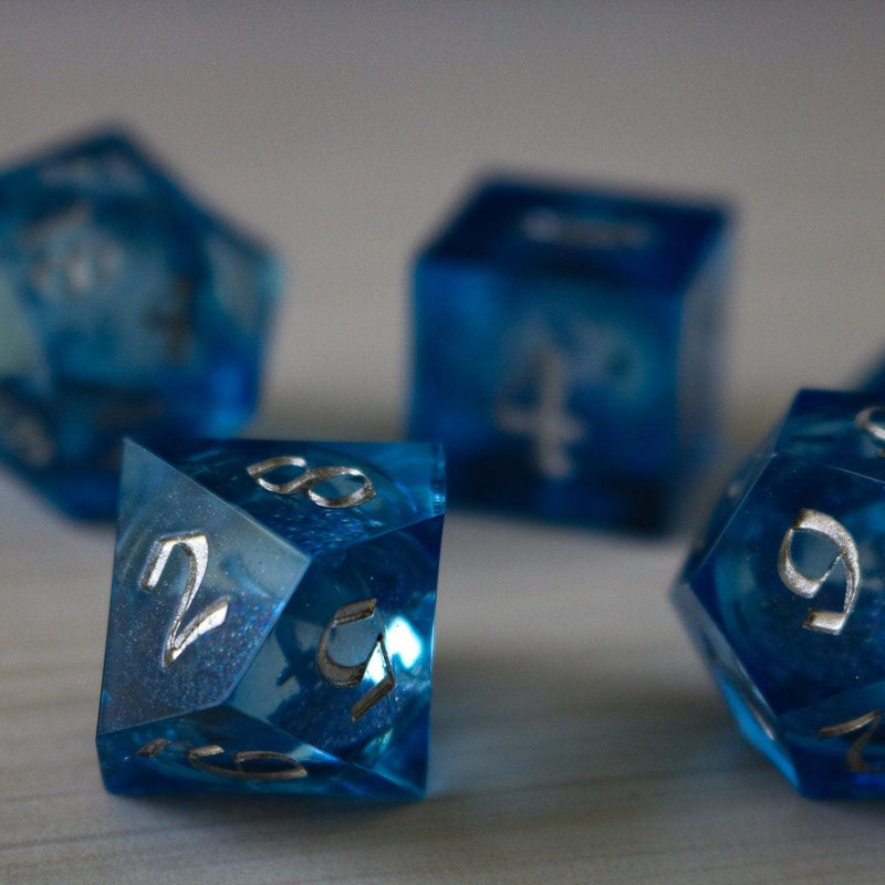 Blue Glitter Liquid Core Sharp Edge Handmade Resin DND Dice Set