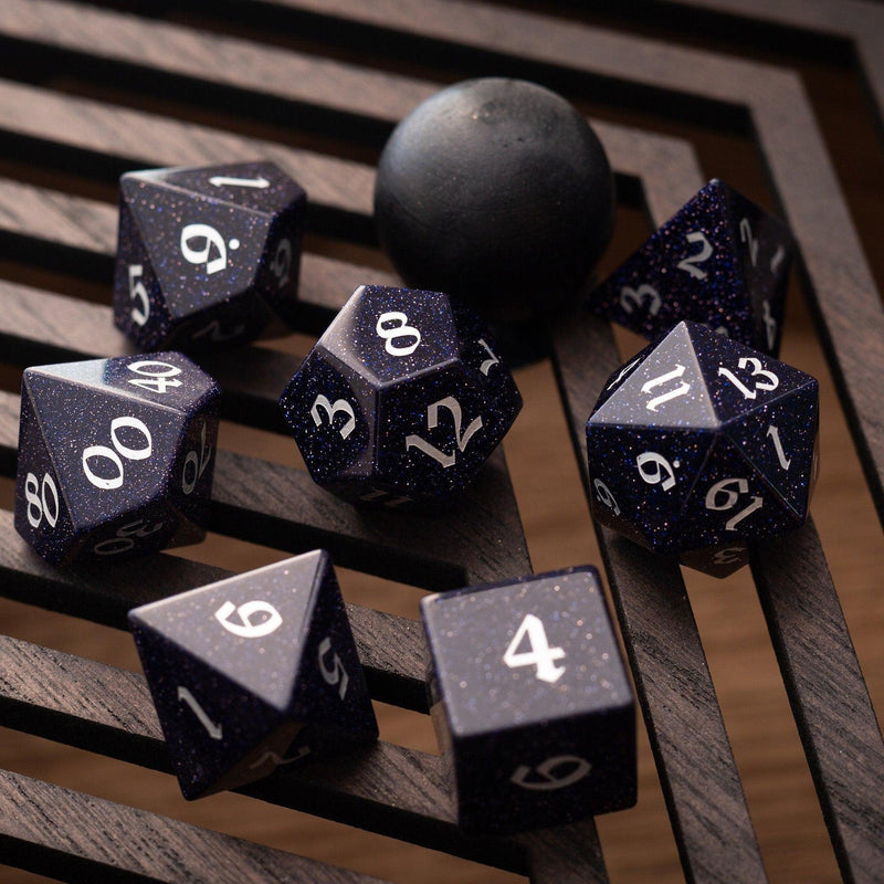 Blue Sandstone Silver Font Gemstone DND Dice Set