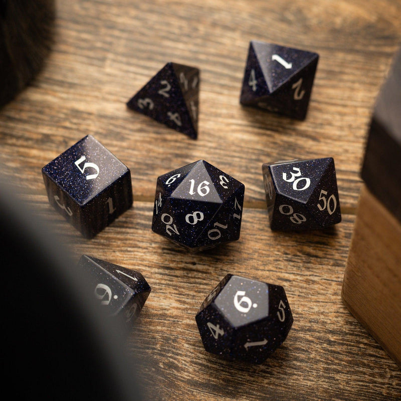 Blue Sandstone Silver Font Gemstone DND Dice Set