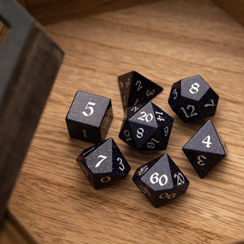 Blue Sandstone Silver Font Gemstone DND Dice Set