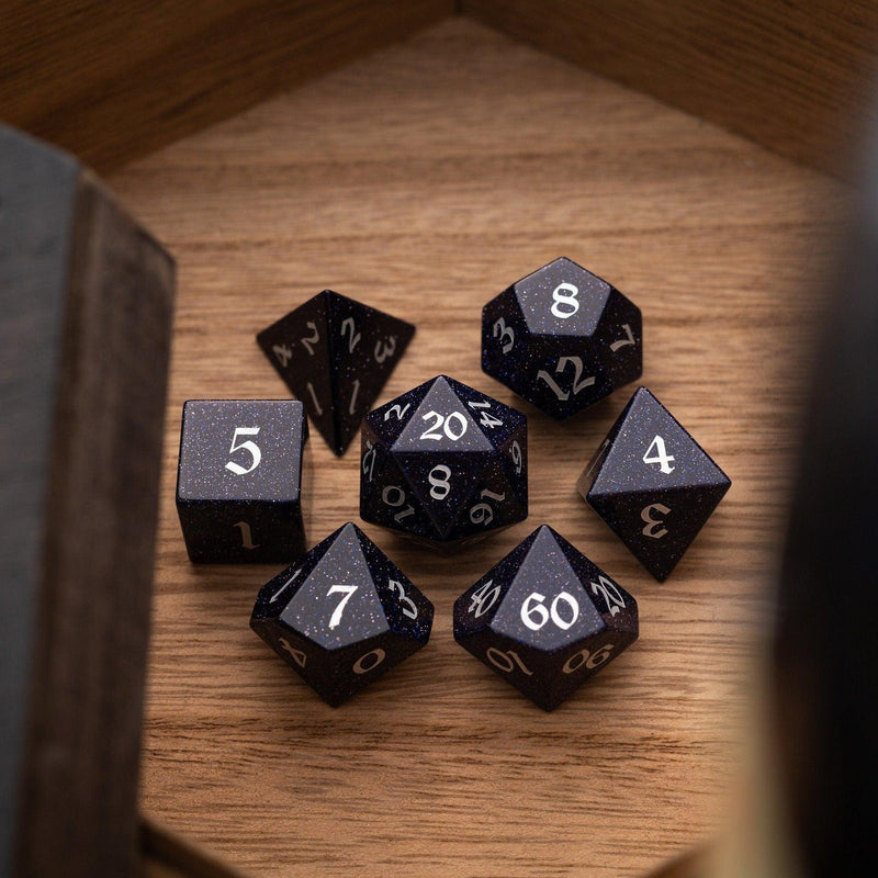 Blue Sandstone Silver Font Gemstone DND Dice Set