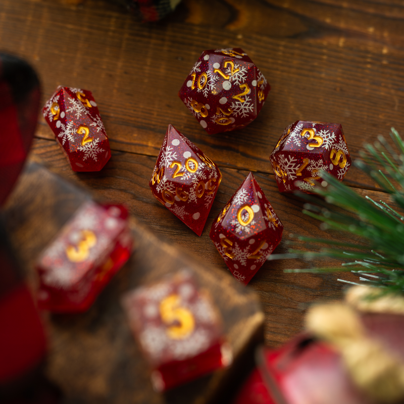 Christmas Red Snowflake Handmade Resin DND Dice Set