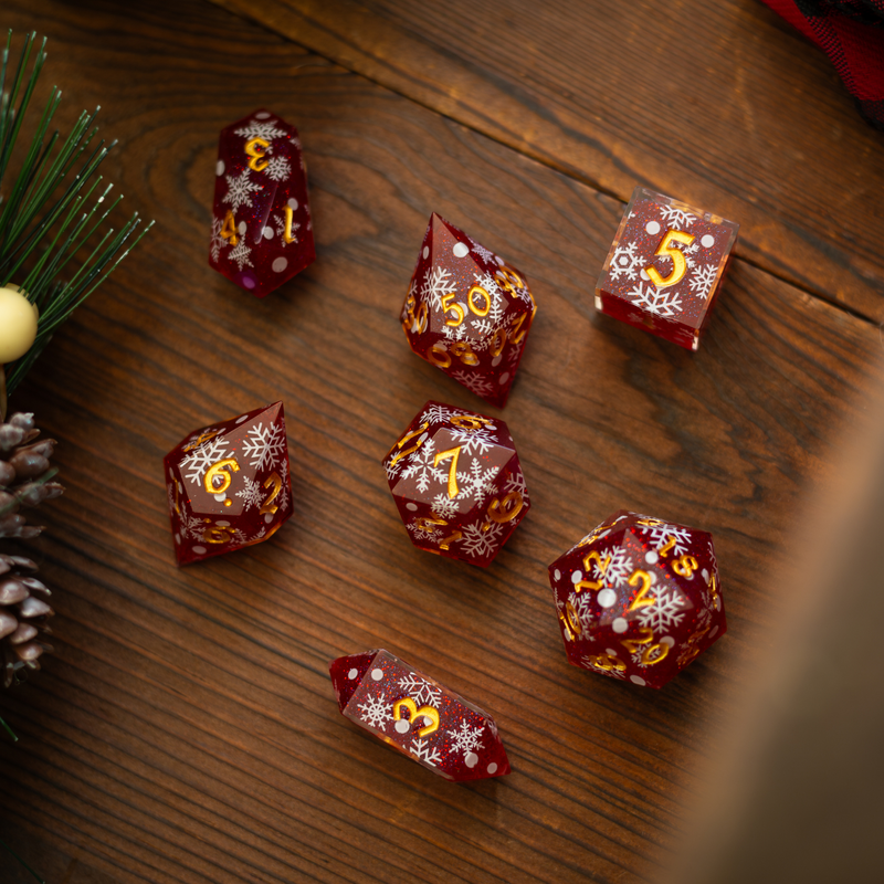 Christmas Red Snowflake Handmade Resin DND Dice Set