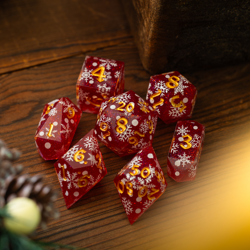 Christmas Red Snowflake Handmade Resin DND Dice Set