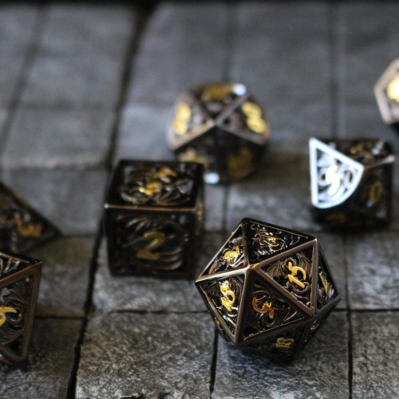 Dragon Flight Black/Gold Hollow Metal DND Dice Set