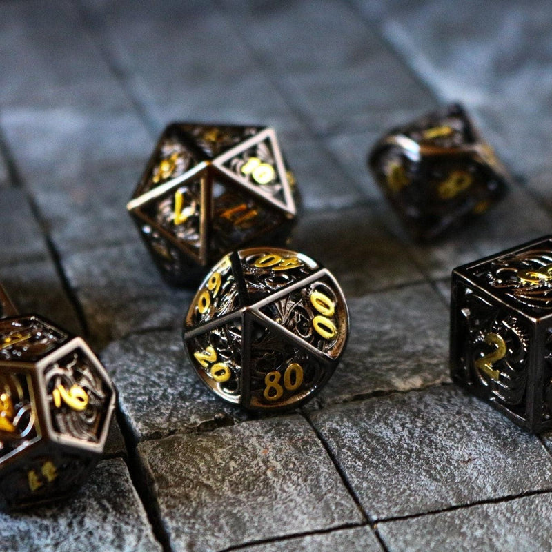 Dragon Flight Black/Gold Hollow Metal DND Dice Set