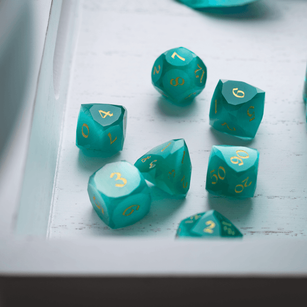 Dwarf Cut Aquamarine Cat’s Eye Gemstone Premium DND Dice Set