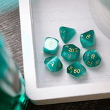 Dwarf Cut Aquamarine Cat’s Eye Gemstone Premium DND Dice Set