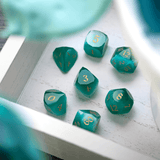 Dwarf Cut Aquamarine Cat’s Eye Gemstone Premium DND Dice Set