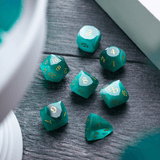 Dwarf Cut Aquamarine Cat’s Eye Gemstone Premium DND Dice Set