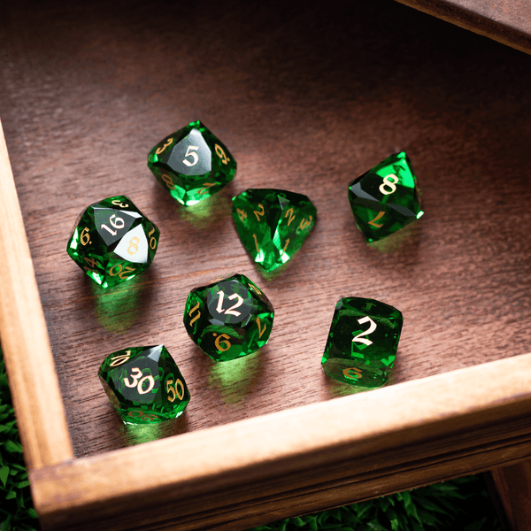 Dwarf Cut Green Gemstone Glass Premium DND Dice Set