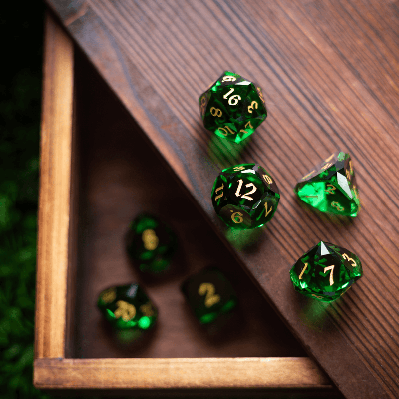 Dwarf Cut Green Gemstone Glass Premium DND Dice Set