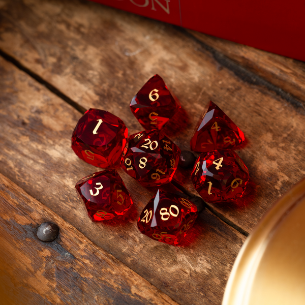 Dwarf Cut Red Gemstone Glass Premium DND Dice Set