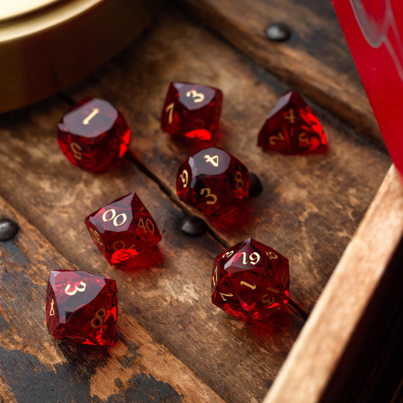 Dwarf Cut Red Gemstone Glass Premium DND Dice Set