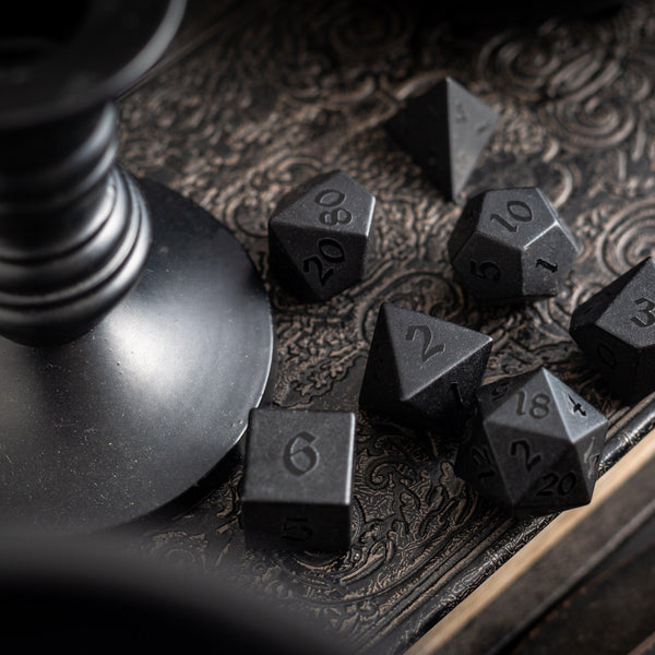 Gemstone Black Night Raised Obsidian Hand Carved DND Dice Set