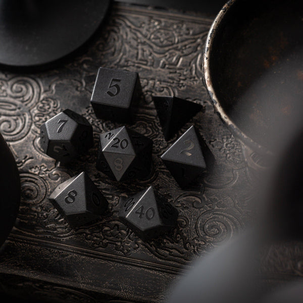 Gemstone Black Night Raised Obsidian Hand Carved DND Dice Set