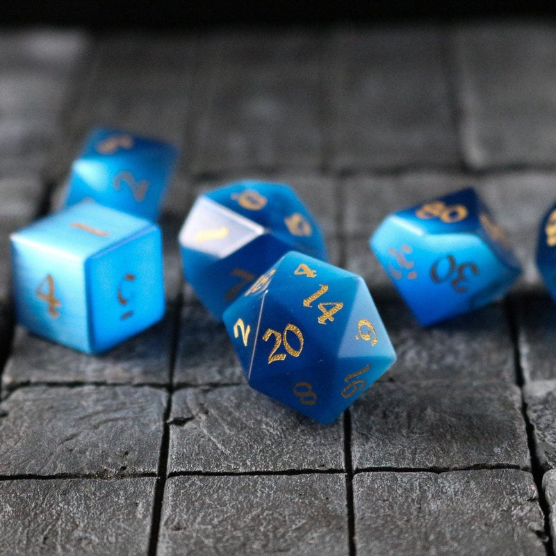 Gemstone Dark Blue Cats Eye Stone Hand Carved DND Dice Set