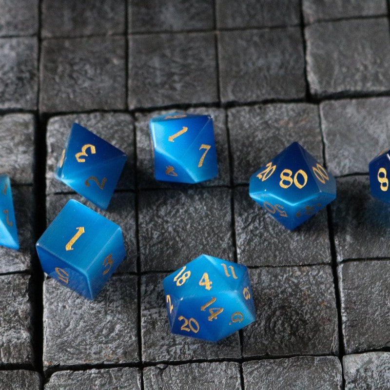 Gemstone Dark Blue Cats Eye Stone Hand Carved DND Dice Set