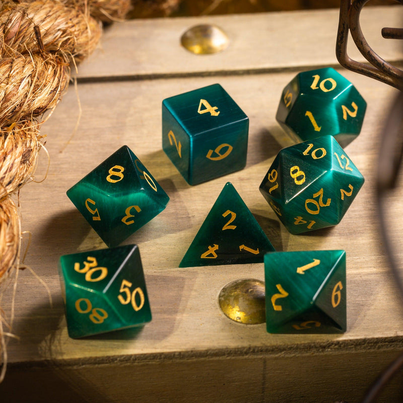 Gemstone Dark Green Cats Eye Stone Hand Carved DND Dice Set