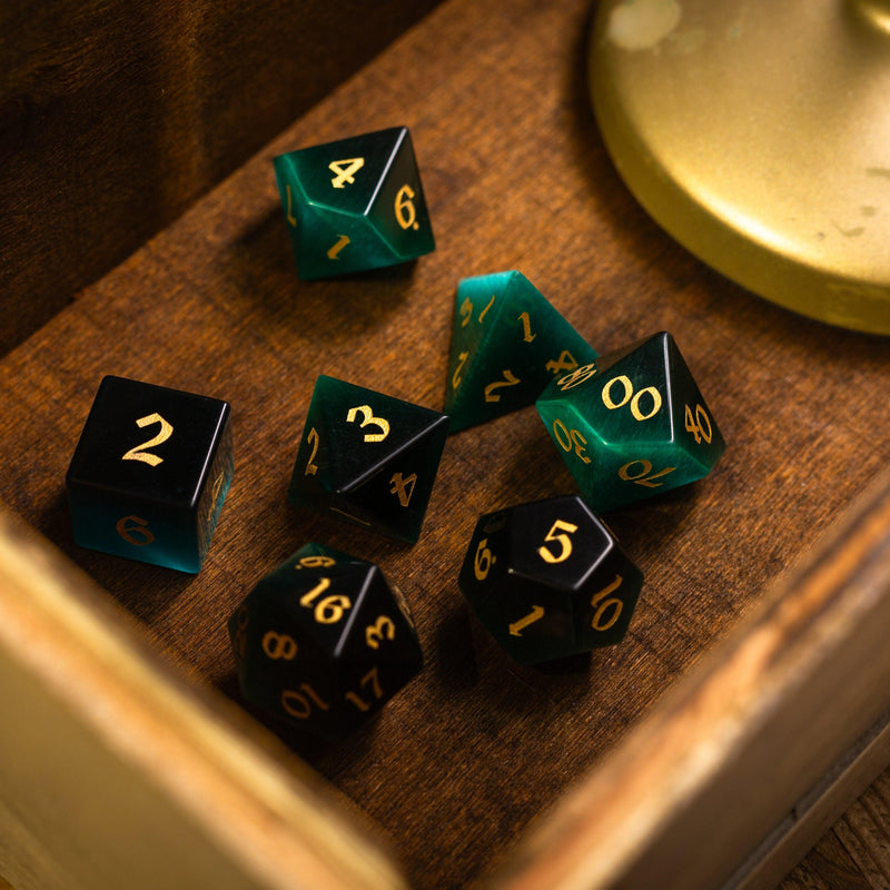 Gemstone Dark Green Cats Eye Stone Hand Carved DND Dice Set