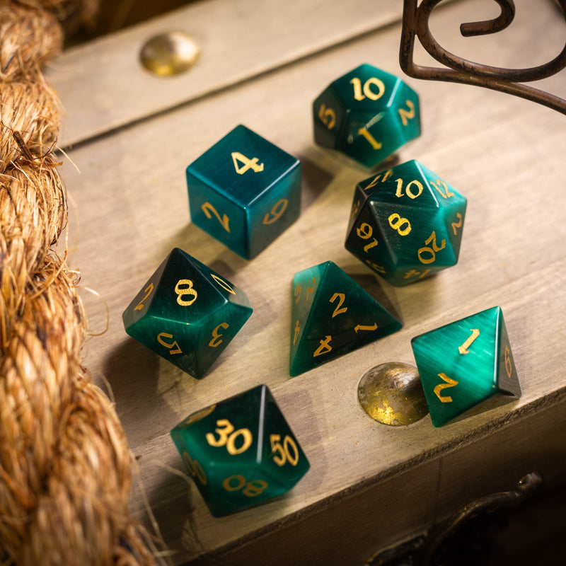 Gemstone Dark Green Cats Eye Stone Hand Carved DND Dice Set